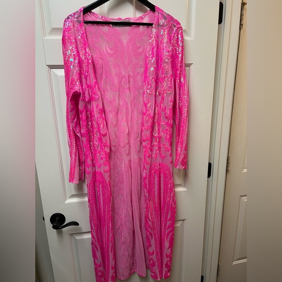 Hot Pink Sequin Duster Barbiecore Rodeo Festival Southern Fries Chics - Picture 2 of 6